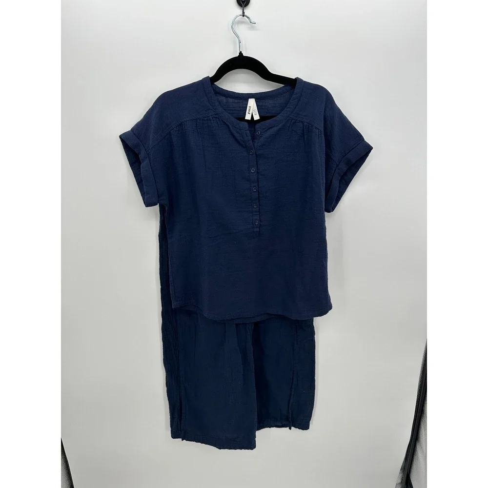 Pact Womens Navy Blue Coastal Double Gauze Set Wide Leg Popover Sustainable